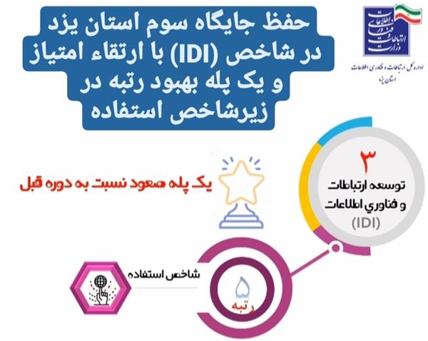 حفظ جایگاه سوم استان یزد در شاخص (IDI) با ارتقاء امتیاز و یک پله بهبود رتبه در زیرشاخص استفاده